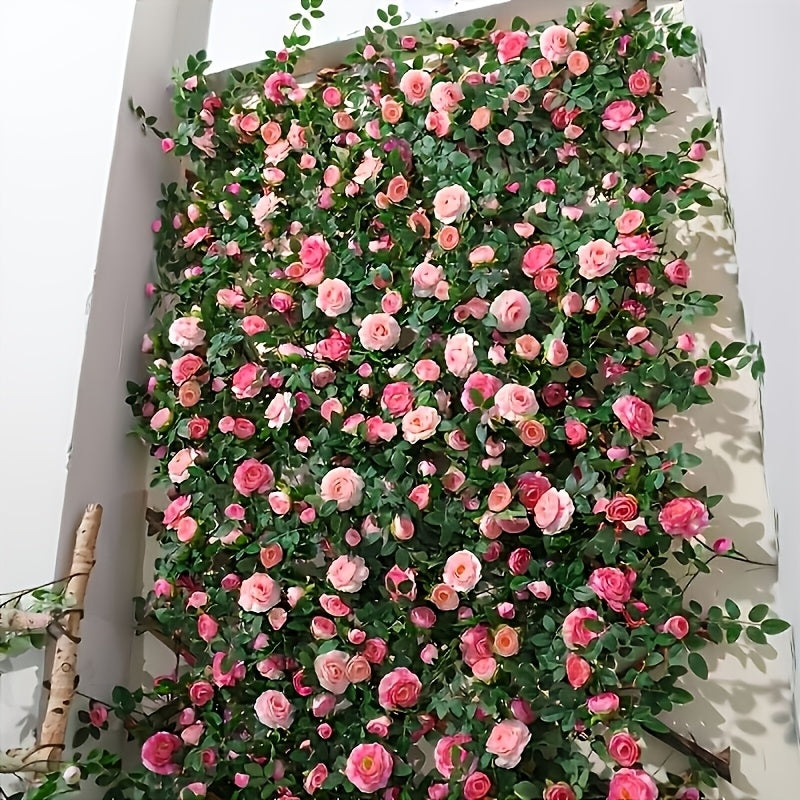 3pcs Outdoor Artificial Mini Tea Rose Fake Flower Vine, Air Conditioner Pipe Cover Decorative Vine, Wall Wire Concealer Wall-Mounted Green Plant Flower Wall Landscape Plastic Plant, Suitable for Christmas, Thanksgiving, Valentine's Day