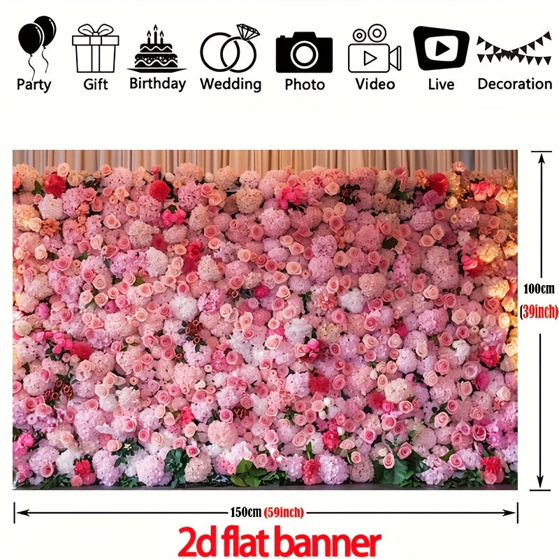 2D Flat, 2D Flat Banner, 1pc Pink Floral Background Banner - Featuring Rich Greenery and Open Blossoms, Ideal for Mother's Day, Weddings, Bridal Showers, Birthdays, and Special Occasions. Made of Material, No Power Supply Needed. Wedding Decoration