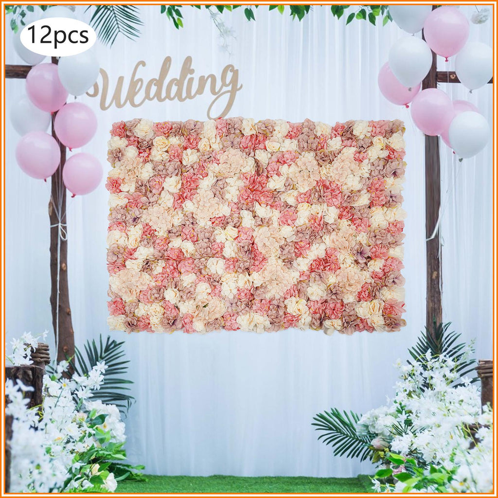 12pcs Artificial Vine Wall Panels with 100 Ties Autumn-Tone Dahlias, Mini Roses & Champagne Hydrangeas 14.96x14.96inch, Artificial Flowers Wall Panels, Decoration, Suitable for Various Party Decorations Such as Bridal Showers, Birthday Parties