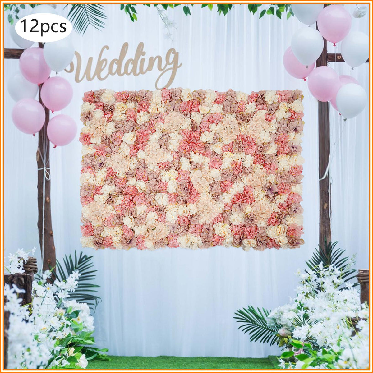 12pcs Artificial Vine Wall Panels with 100 Ties Autumn-Tone Dahlias, Mini Roses & Champagne Hydrangeas 14.96x14.96inch, Artificial Flowers Wall Panels, Decoration, Suitable for Various Party Decorations Such as Bridal Showers, Birthday Parties