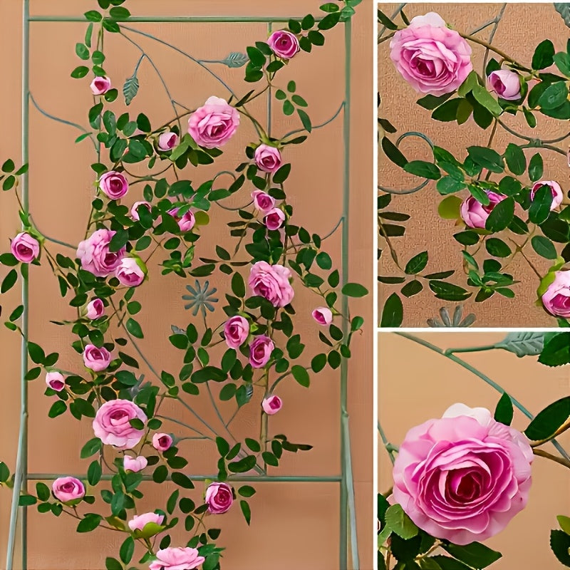 3pcs Outdoor Artificial Mini Tea Rose Fake Flower Vine, Air Conditioner Pipe Cover Decorative Vine, Wall Wire Concealer Wall-Mounted Green Plant Flower Wall Landscape Plastic Plant, Suitable for Christmas, Thanksgiving, Valentine's Day