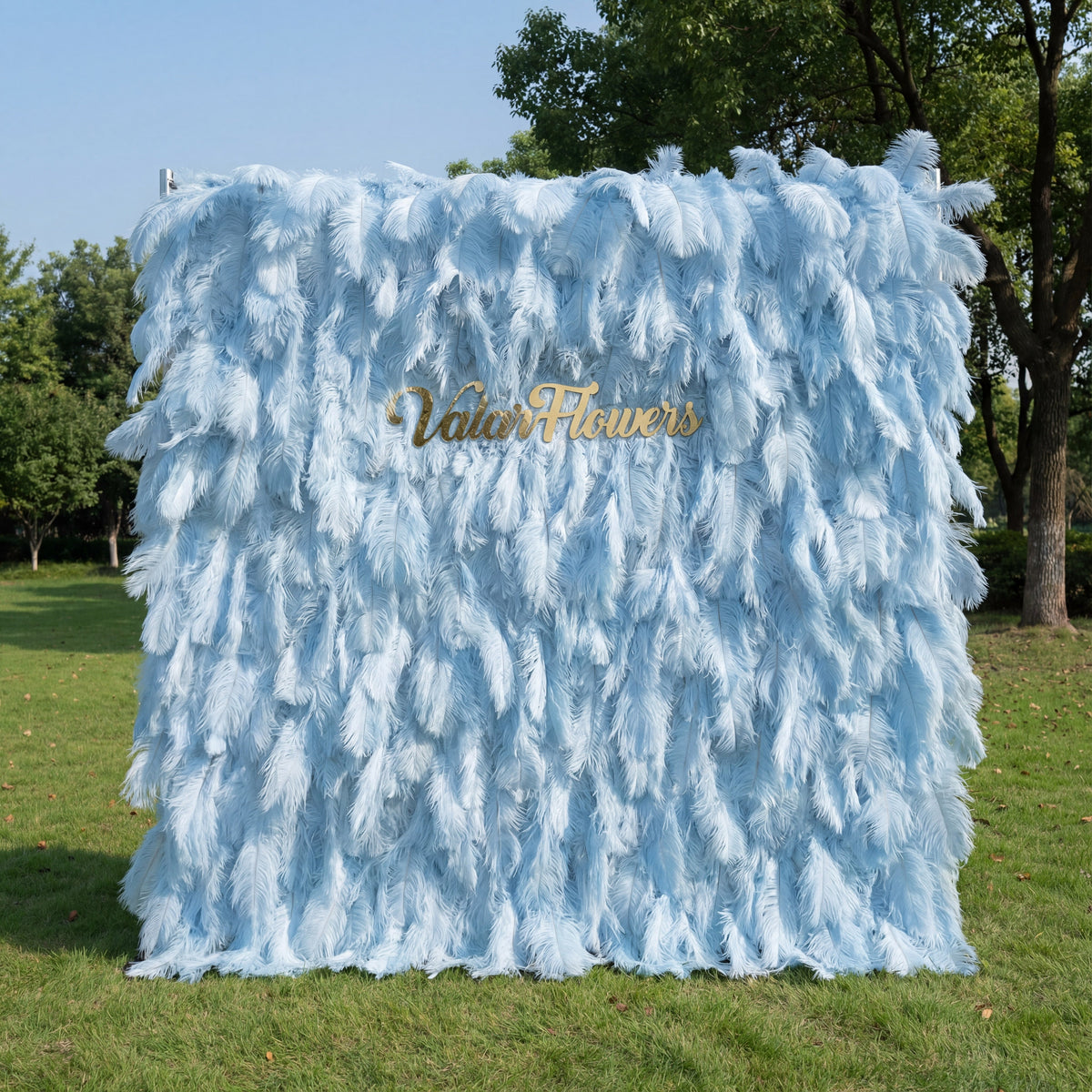 ValarFlowers Light Blue Artificial Feather Backdrop: Luxe Plume Display with 7+ Color Options & Custom Services. DIY Photo Booth Decoration-VF-164-Baby Blue