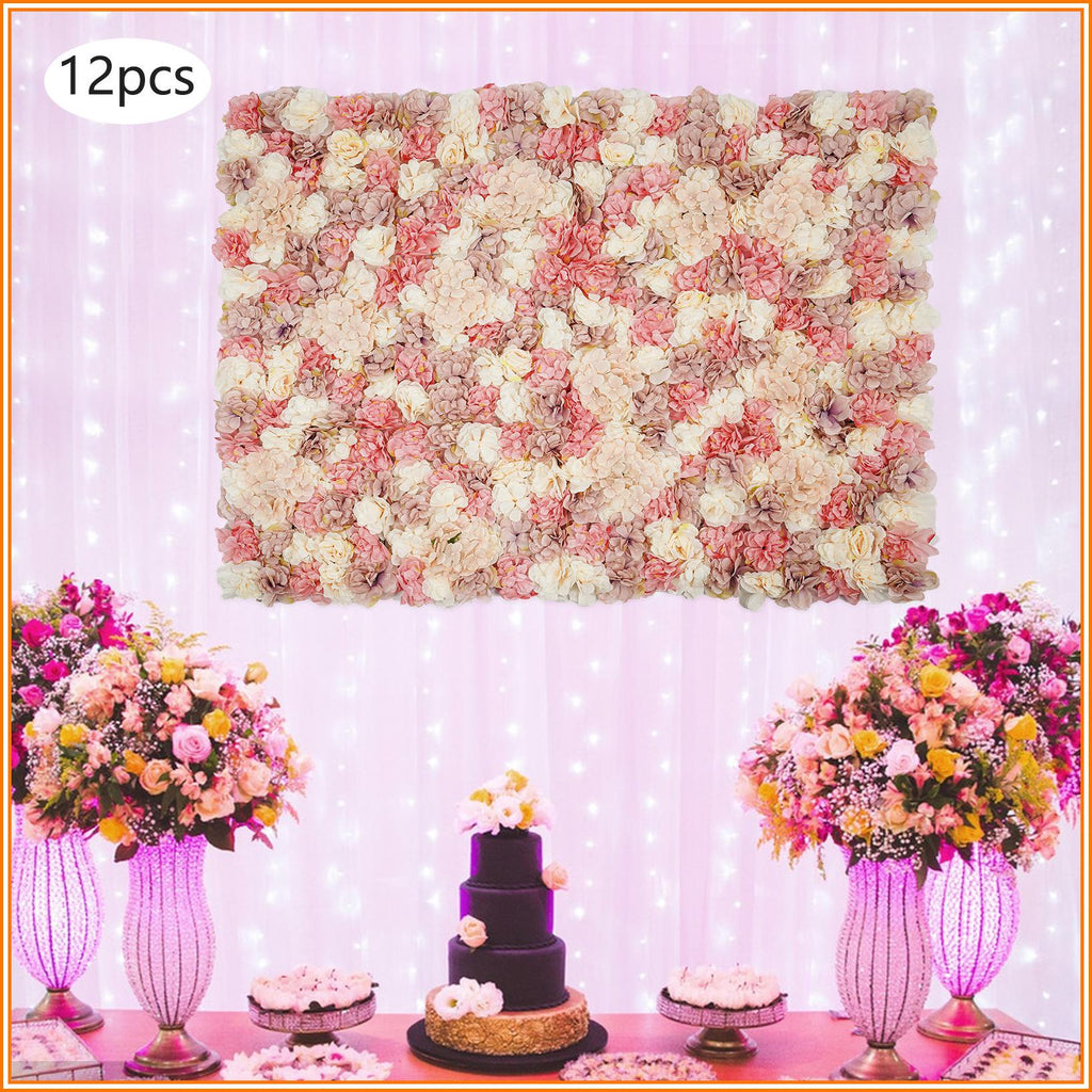 12pcs Artificial Vine Wall Panels with 100 Ties Autumn-Tone Dahlias, Mini Roses & Champagne Hydrangeas 14.96x14.96inch, Artificial Flowers Wall Panels, Decoration, Suitable for Various Party Decorations Such as Bridal Showers, Birthday Parties