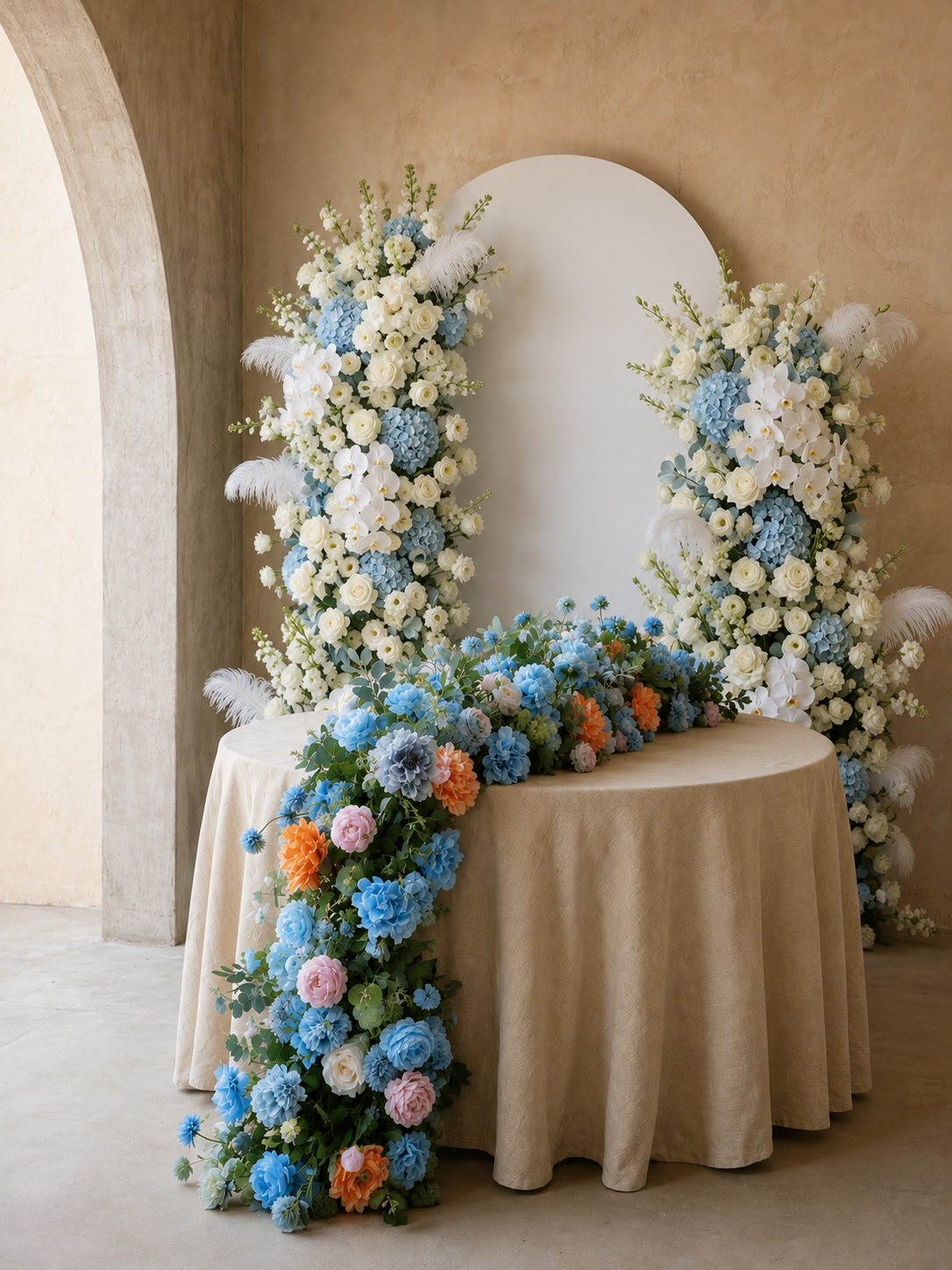 Sky Blue Hydrangea White Orchid Rose Wedding Backdrop(Excludes Frame)+Amo Long strip flower Runner | Wedding Floral Decor