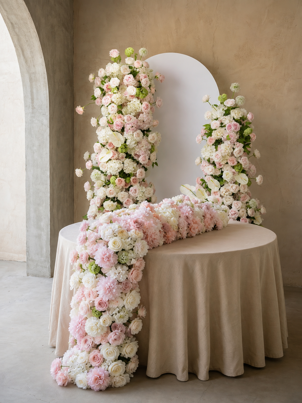 Pink White Rose Calla Lily Wedding Background Arch KT Backdrop (Excludes Frame)+Rosado Flower Runner | Event Floral Decor