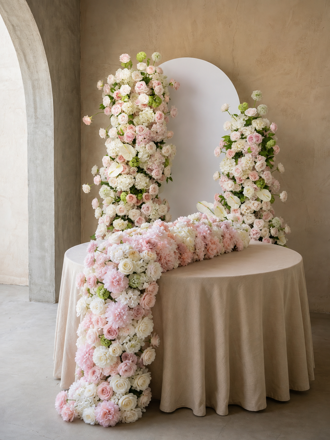 Pink White Rose Calla Lily Wedding Background Arch KT Backdrop (Excludes Frame)+Rosado Flower Runner | Event Floral Decor