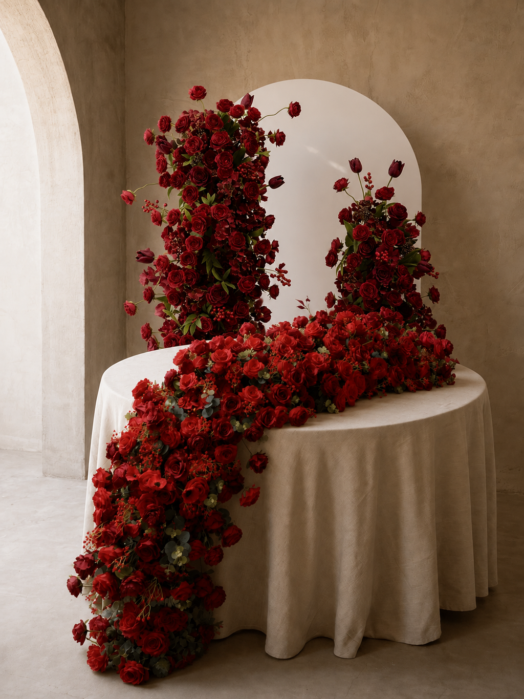 Sorrel: Red Calla Wedding Background Arch KT Backdrop +Red Lucia Flower Runner | Wedding Floral Decor
