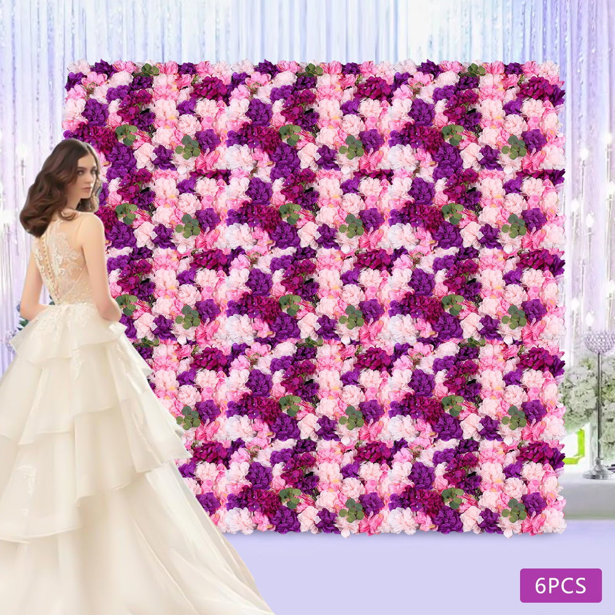 Artificial Flower Wall Decor Set, Pink Purple Dahlia Hydrangea Eucalyptus Flowers for Indoor Outdoor Home Wedding Party Decor, 23.62x15.75inch Each Panel