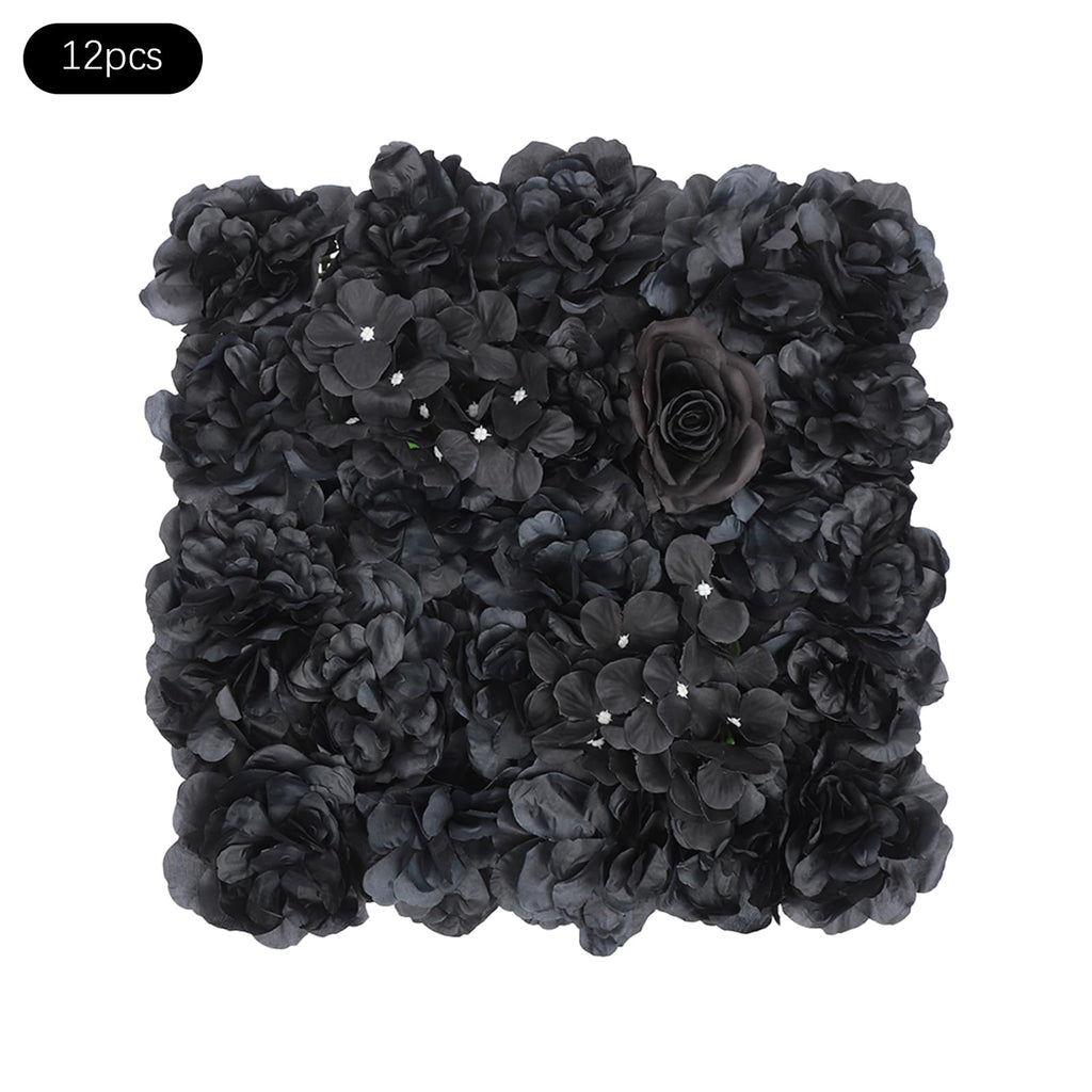 12pcs PRIMEGAE Artificial Flower Wall Panels with Dahlia Rose Hydrangea Panels - 24in Black Suitable for, Wedding, Party Backdrop, Plastic Flower Panels for Decoration, Installation (No Maintenance Required)