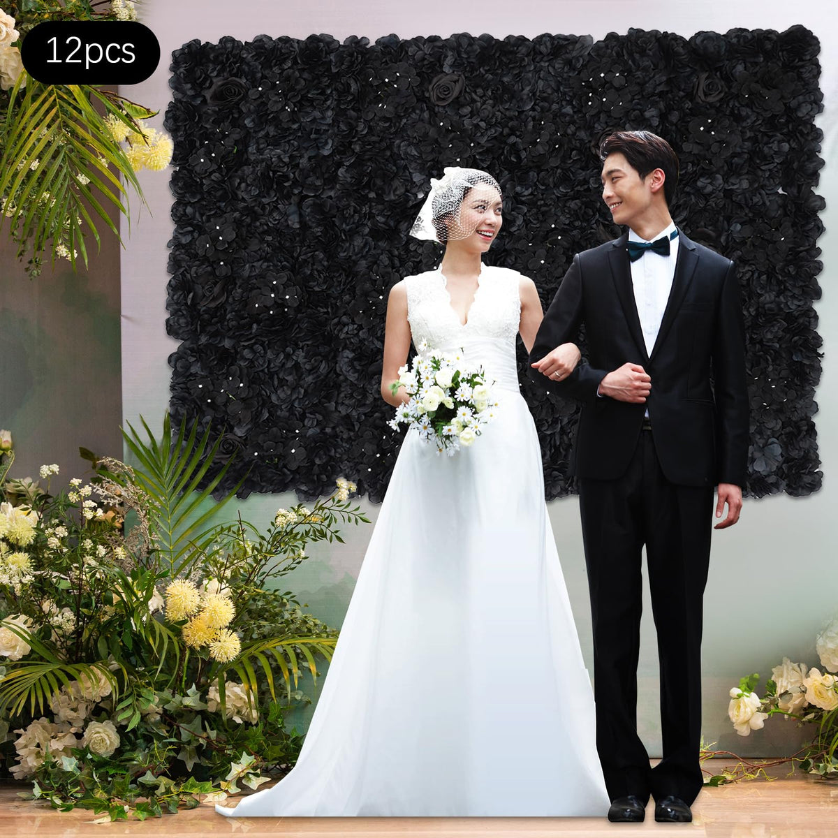 12pcs PRIMEGAE Artificial Flower Wall Panels with Dahlia Rose Hydrangea Panels - 24in Black Suitable for, Wedding, Party Backdrop, Plastic Flower Panels for Decoration, Installation (No Maintenance Required)