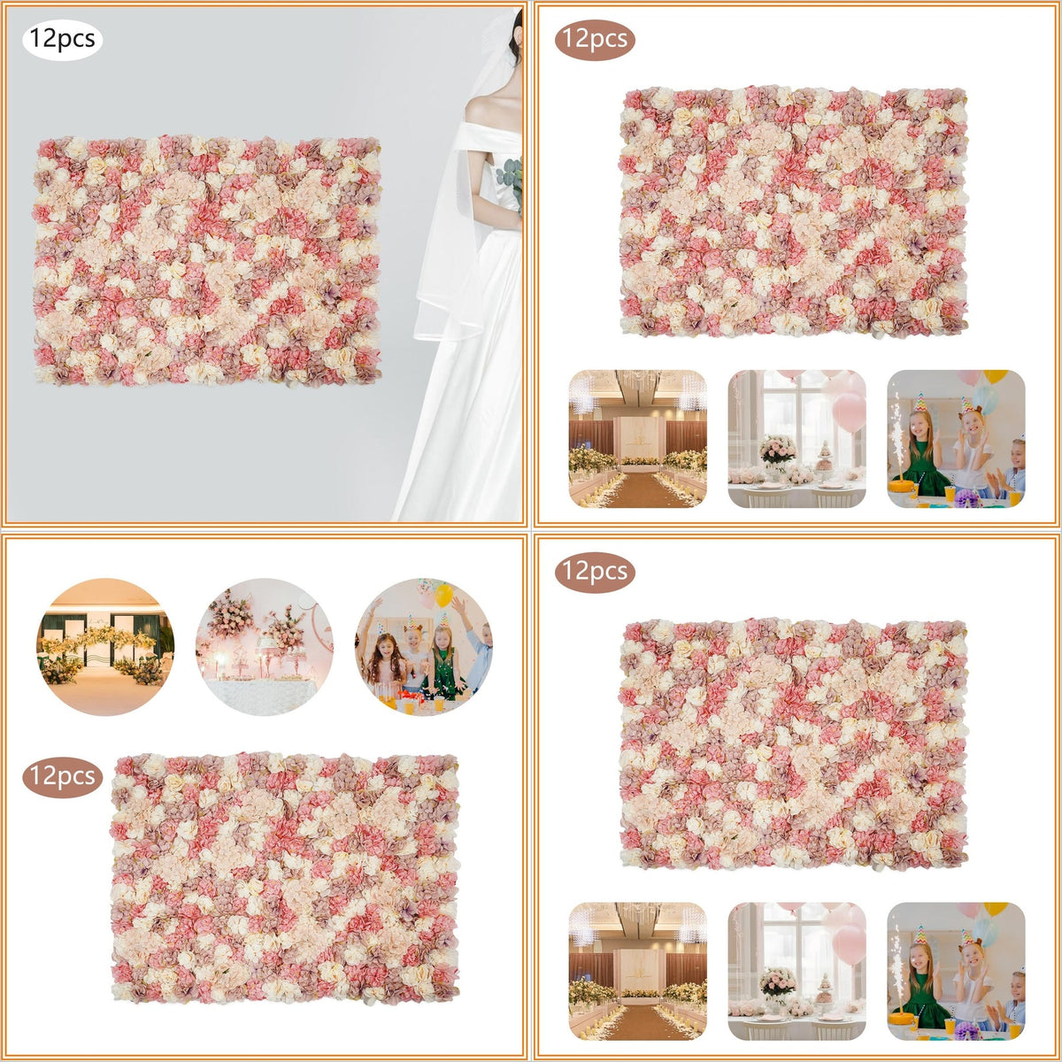 12pcs Artificial Vine Wall Panels with 100 Ties Autumn-Tone Dahlias, Mini Roses & Champagne Hydrangeas 14.96x14.96inch, Artificial Flowers Wall Panels, Decoration, Suitable for Various Party Decorations Such as Bridal Showers, Birthday Parties
