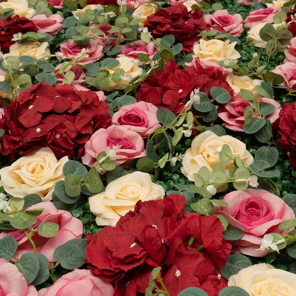 Flower Wall 12pcs 23.62/'' X 15.75/'' 0.79/'' Lifelike Rose & Hydrangea Artificial Flowers Panel Silky Fabric Floral Mat Greenery Eucalyptus Backdrop Decor