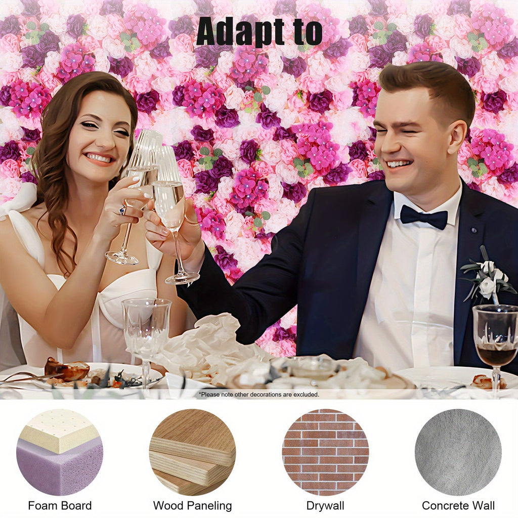 Artificial Flower Wall Decor Set, Pink Purple Dahlia Hydrangea Eucalyptus Flowers for Indoor Outdoor Home Wedding Party Decor, 23.62x15.75inch Each Panel