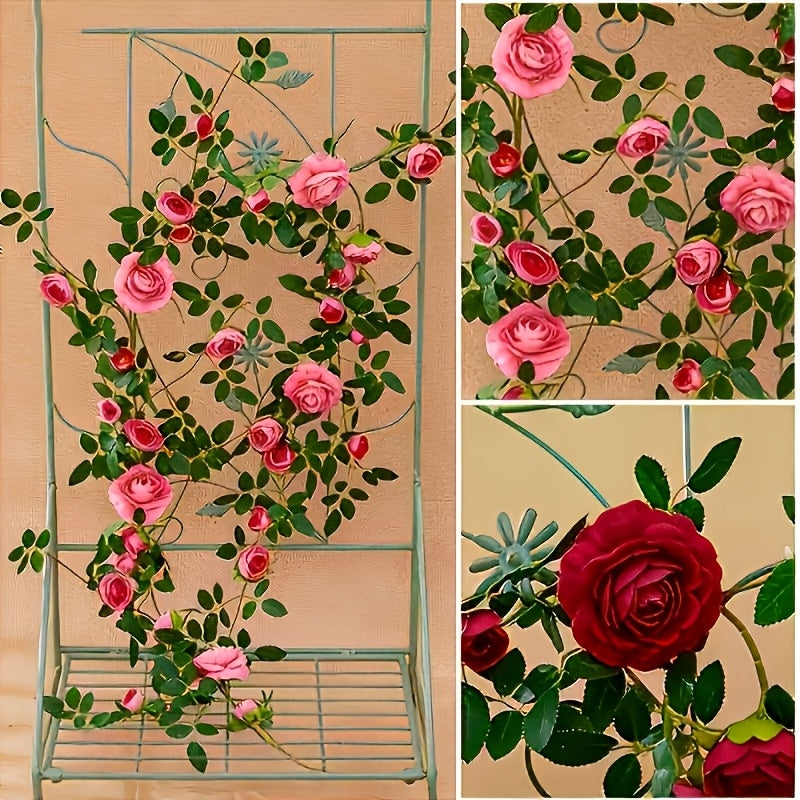 3pcs Outdoor Artificial Mini Tea Rose Fake Flower Vine, Air Conditioner Pipe Cover Decorative Vine, Wall Wire Concealer Wall-Mounted Green Plant Flower Wall Landscape Plastic Plant, Suitable for Christmas, Thanksgiving, Valentine's Day