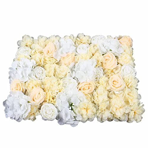 LOYALHEARTDY 4 Pack Artificial Flower Wall Panels 24" x 16" Blue & White Faux Hydrangea and Rose Artificial Flower Backdrop Panels for Wedding Party Event Flower Wall Decor - 12 Pcs, Yellow+white