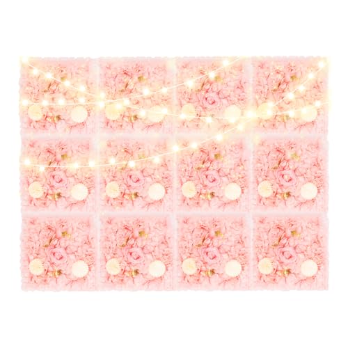 12 Pcs Artificial Flower Wall Panels, 23.6x15.74 Inch Flower Wall Mat Silk Flowers Panels for Wedding Backdrop Outdoor Garden Fence Photo Background Home Party Decor (Pink) - Pink+champagne
