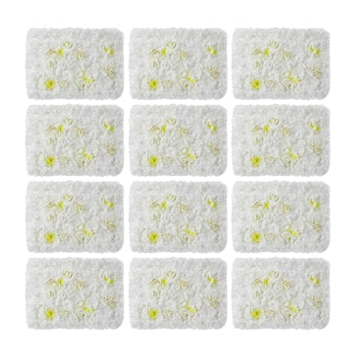 LOYALHEARTDY 4 Pack Artificial Flower Wall Panels 24" x 16" Blue & White Faux Hydrangea and Rose Artificial Flower Backdrop Panels for Wedding Party Event Flower Wall Decor - 12 Pcs, White+light Yellow