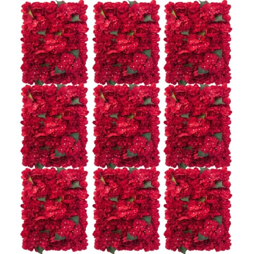 12 Pcs Flower Wall Panel, 24" x 16" Artificial Rose Hydrangea Backdrop, 3D Heavy Duty Faux Silk Floral Backdrop with 100 Zip Ties for Wedding Event Party Home Patio Decoration - Red