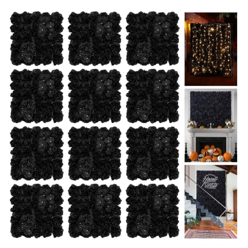 12pcs Flower Wall Backdrop16.5 x16.5 Artificial Floral Panels-White - Black / 16.5inch
