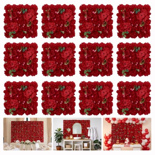 12pcs Flower Wall Backdrop 16.5"x16.5" Silk Floral Panels-Purple - Bright Red / 16.5inch
