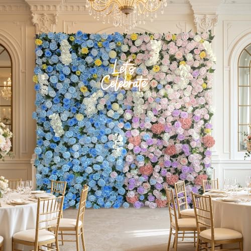 Luxury‌ Artificial Flower Wall Backdrop 5D Silk Purple Rose Flower Panel Wedding Baby Shower Party Birthday Decorative Quick Assembly - Pink and Blue