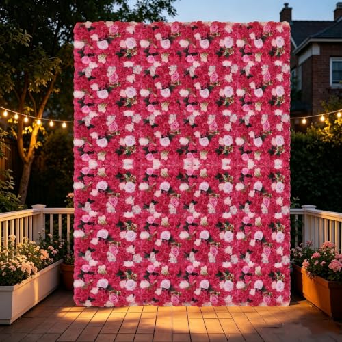 12 Pcs Artificial Flower Wall Panels, 23.6x15.74 Inch Flower Wall Mat Silk Flowers Panels for Wedding Backdrop Outdoor Garden Fence Photo Background Home Party Decor (Pink) - Rose