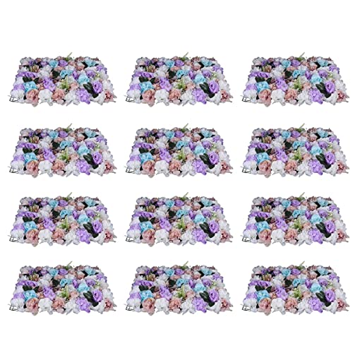 LOYALHEARTDY 4 Pack Artificial Flower Wall Panels 24" x 16" Blue & White Faux Hydrangea and Rose Artificial Flower Backdrop Panels for Wedding Party Event Flower Wall Decor - 12 Pcs, Purple+white+blue