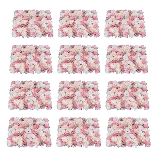 LOYALHEARTDY 4 Pack Artificial Flower Wall Panels 24" x 16" Blue & White Faux Hydrangea and Rose Artificial Flower Backdrop Panels for Wedding Party Event Flower Wall Decor - 12 Pcs, Pink+yellow