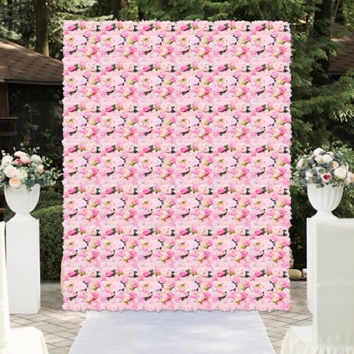 12 Pcs Artificial Flower Wall Panels, 23.6x15.74 Inch Flower Wall Mat Silk Flowers Panels for Wedding Backdrop Outdoor Garden Fence Photo Background Home Party Decor (Pink) - Light Pink