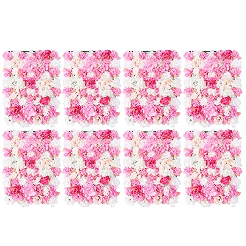 LOYALHEARTDY 4 Pack Artificial Flower Wall Panels 24" x 16" Blue & White Faux Hydrangea and Rose Artificial Flower Backdrop Panels for Wedding Party Event Flower Wall Decor - 8 Pcs, Pink+white