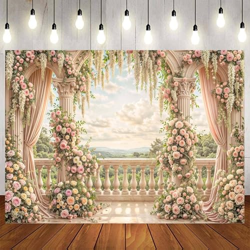7x5ft Pink Rose Floral Flower Wall Backdrop Girls Wedding Birthday Bridal Shower Kids Portrait Background Photoshoot Cake Table Tea Party Photoshoot Decorations Photo Studio Props - 7X5FT / Multi02