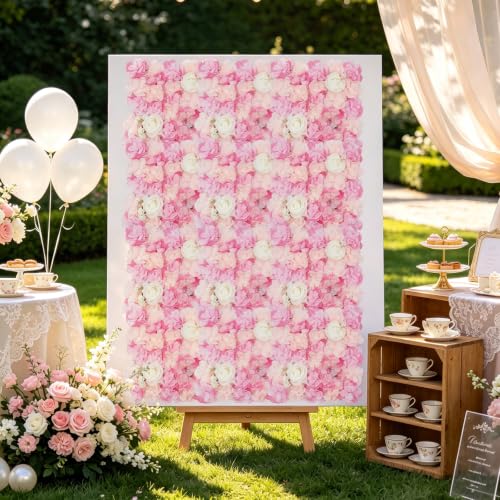 12 Pcs Artificial Flower Wall Panels, 23.6x15.74 Inch Flower Wall Mat Silk Flowers Panels for Wedding Backdrop Outdoor Garden Fence Photo Background Home Party Decor (Pink) - Pink-3