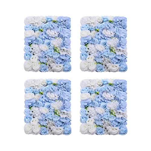 LOYALHEARTDY 4 Pack Artificial Flower Wall Panels 24" x 16" Blue & White Faux Hydrangea and Rose Artificial Flower Backdrop Panels for Wedding Party Event Flower Wall Decor - 4 Pcs, White+blue