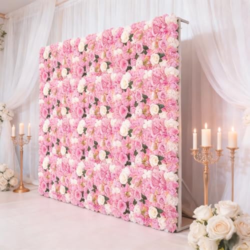 12 Pcs Artificial Flower Wall Panels, 23.6x15.74 Inch Flower Wall Mat Silk Flowers Panels for Wedding Backdrop Outdoor Garden Fence Photo Background Home Party Decor (Pink) - Dark Pink