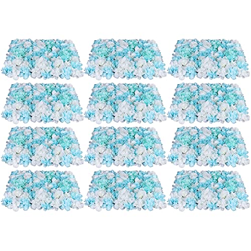 LOYALHEARTDY 4 Pack Artificial Flower Wall Panels 24" x 16" Blue & White Faux Hydrangea and Rose Artificial Flower Backdrop Panels for Wedding Party Event Flower Wall Decor - 12pcs, Blue&white