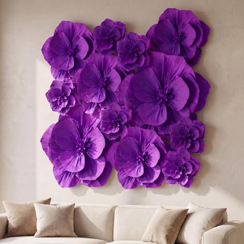 12 Pcs Giant Paper Flowers Artificial Large, White - Purple / 12