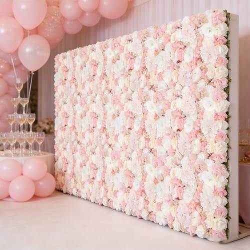 12 Pcs Artificial Flower Wall Panels, 23.6x15.74 Inch Flower Wall Mat Silk Flowers Panels for Wedding Backdrop Outdoor Garden Fence Photo Background Home Party Decor (Pink) - Pink