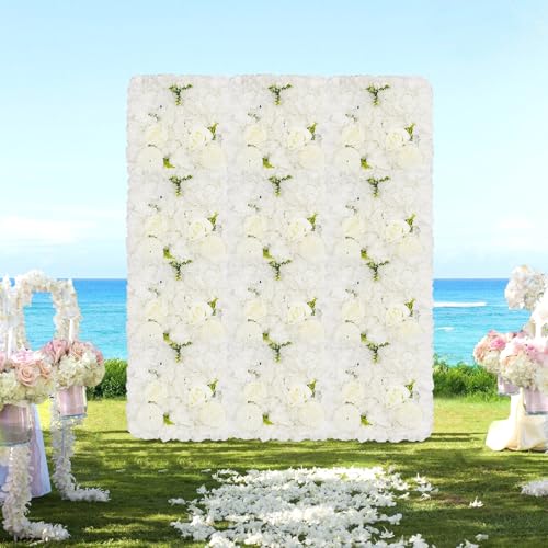 12 Pcs Artificial Flower Wall Panels, 23.6x15.74 Inch Flower Wall Mat Silk Flowers Panels for Wedding Backdrop Outdoor Garden Fence Photo Background Home Party Decor (Pink) - White+purple
