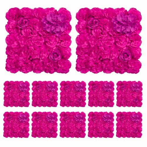 12pcs Flower Wall Backdrop16.5 x16.5 Artificial Floral Panels-White - Bright Pink / 16.5inch