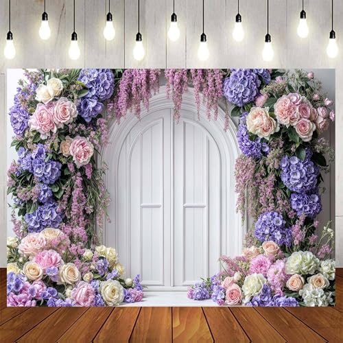 7x5ft Pink Rose Floral Flower Wall Backdrop Girls Wedding Birthday Bridal Shower Kids Portrait Background Photoshoot Cake Table Tea Party Photoshoot Decorations Photo Studio Props - 7X5FT / Purple01