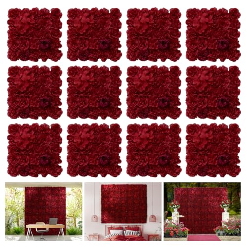 12pcs Flower Wall Backdrop16.5 x16.5 Artificial Floral Panels-White - Maroon / 16.5inch