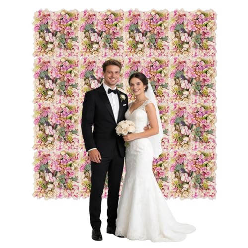 Flower Wall Backdrops, 16 Pcs 3D Flower Wall Panel, 13"x13" Artificial Floral-Wall Background Decor for Home Wedding Celebrations Festive Party Photographic Studio (Pink, 16Pcs) - Purple / 16Pcs