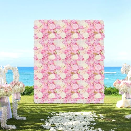 12 Pcs Artificial Flower Wall Panels, 23.6x15.74 Inch Flower Wall Mat Silk Flowers Panels for Wedding Backdrop Outdoor Garden Fence Photo Background Home Party Decor (Pink) - Deep Pink