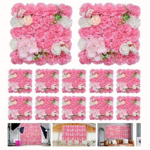12pcs Flower Wall Backdrop16.5 x16.5 Artificial Floral Panels-White - Rose Pink / 16.5inch