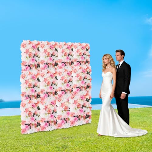 12 Pcs Artificial Flower Wall Panels, 23.6x15.74 Inch Flower Wall Mat Silk Flowers Panels for Wedding Backdrop Outdoor Garden Fence Photo Background Home Party Decor (Pink) - Pink-2