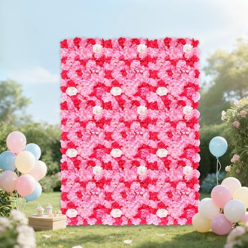 12 Pcs Artificial Flower Wall Panels, 23.6x15.74 Inch Flower Wall Mat Silk Flowers Panels for Wedding Backdrop Outdoor Garden Fence Photo Background Home Party Decor (Pink) - Rose Red