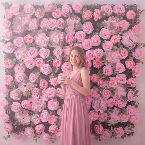Flower Wall Backdrop 6 Panels 24x16 Inch Dusty Blue - Hot Pink Rose / 6 Panels Set