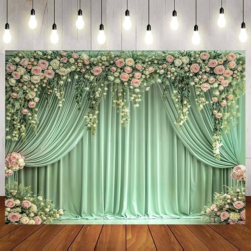 7x5ft Pink Rose Floral Flower Wall Backdrop Girls Wedding Birthday Bridal Shower Kids Portrait Background Photoshoot Cake Table Tea Party Photoshoot Decorations Photo Studio Props - 7X5FT / Green
