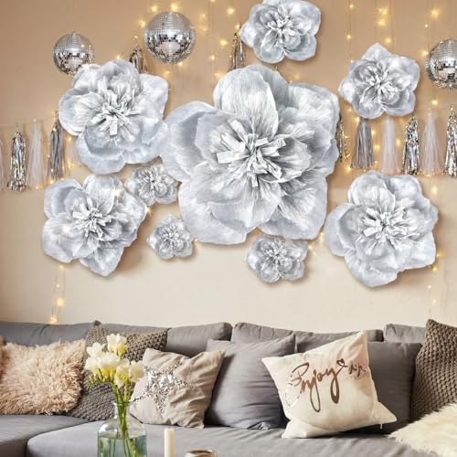 12 Pcs Giant Paper Flowers Artificial Large, White - Silver / 12