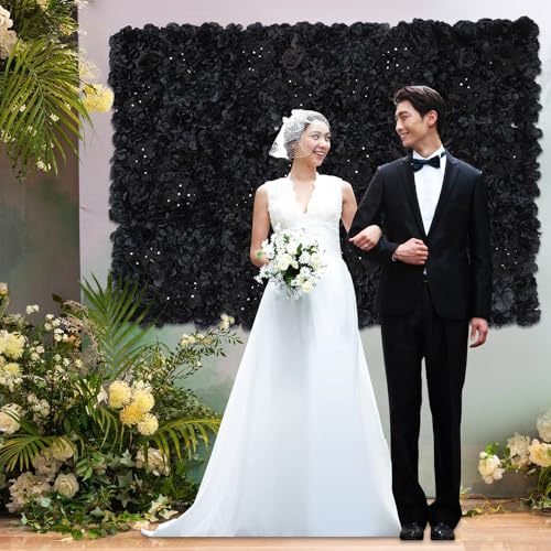 12 Pcs Artificial Flower Wall Panels, 23.6x15.74 Inch Flower Wall Mat Silk Flowers Panels for Wedding Backdrop Outdoor Garden Fence Photo Background Home Party Decor (Pink) - Black